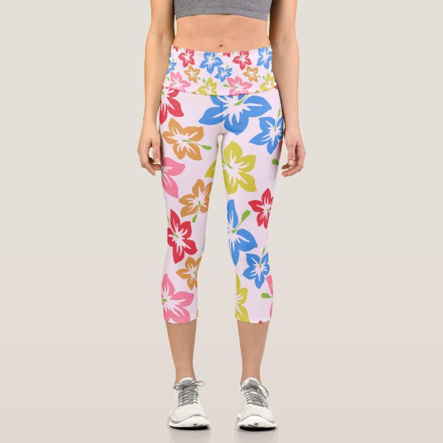 Colorful Hibiscus, Pattern Of Flowers Capri Leggings (Front)