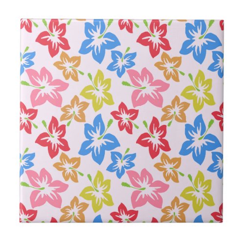 Colorful Hibiscus Pattern Of Flowers Ceramic Tile