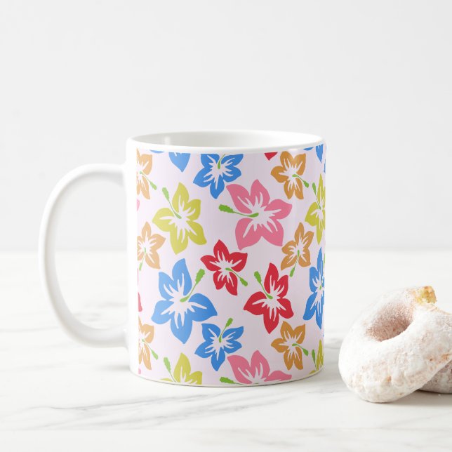 Colorful Hibiscus, Pattern Of Flowers Coffee Mug (With Donut)