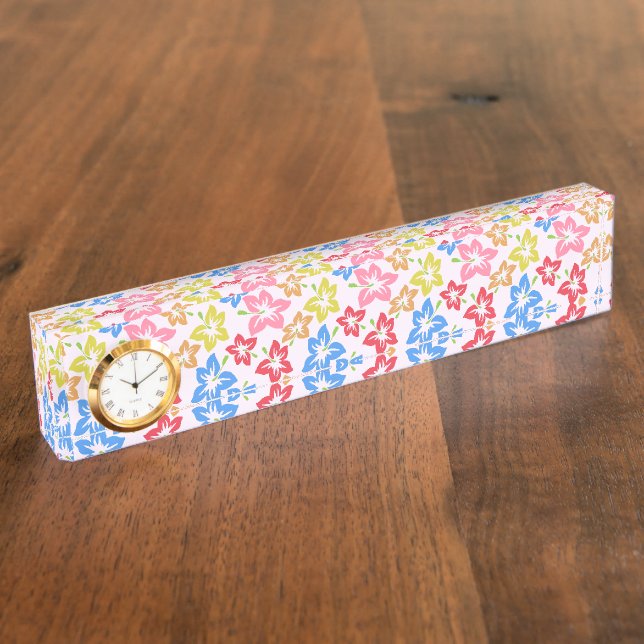 Colorful Hibiscus, Pattern Of Flowers Desk Name Plate (Side)