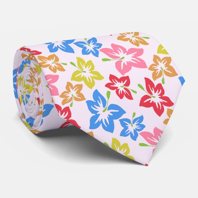 Colorful Hibiscus, Pattern Of Flowers Neck Tie (Rolled)