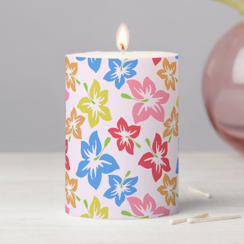 Colorful Hibiscus Pattern Of Flowers Pillar Candle