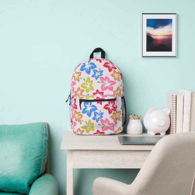 Colorful Hibiscus, Pattern Of Flowers Printed Backpack (Insitu)