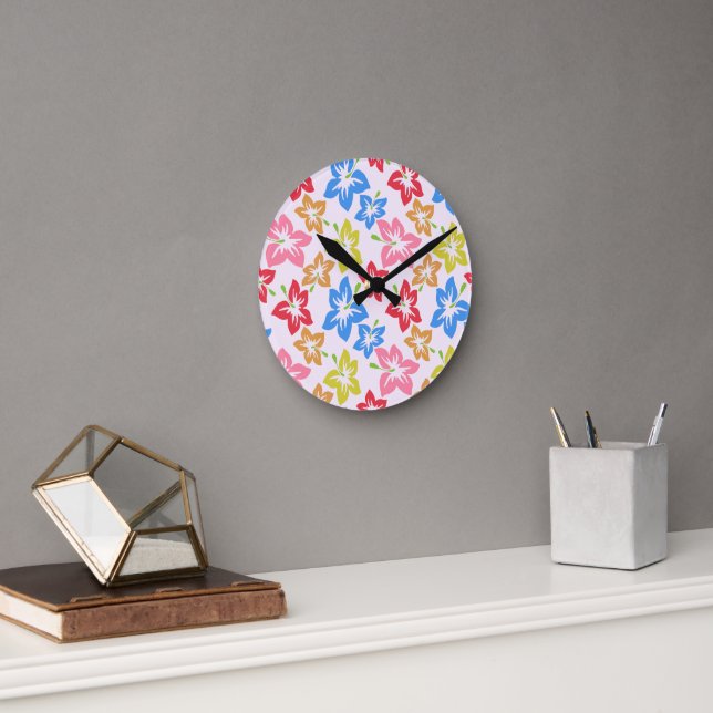 Colorful Hibiscus, Pattern Of Flowers Round Clock (Office)