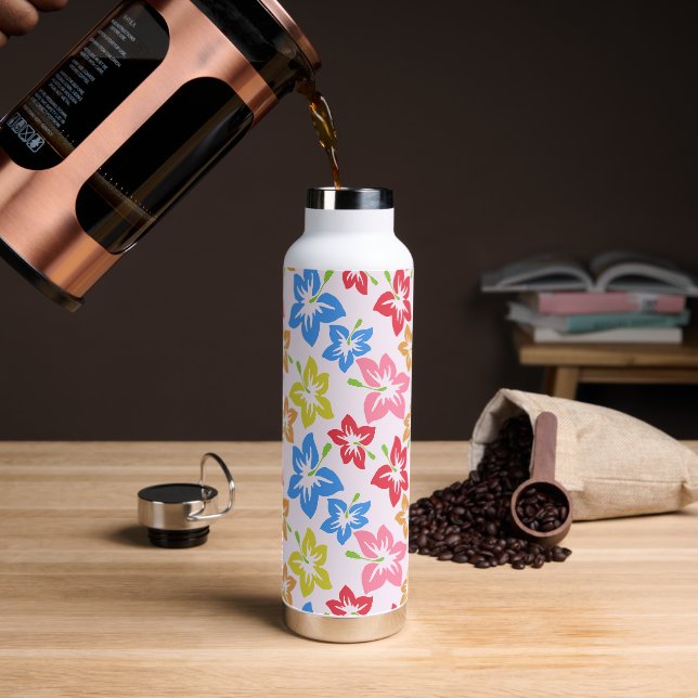 Colorful Hibiscus, Pattern Of Flowers Water Bottle (Coffee)