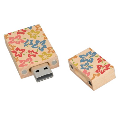 Colorful Hibiscus Pattern Of Flowers Wood Flash Drive