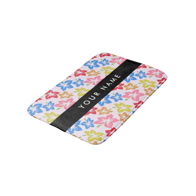 Colorful Hibiscus, Pattern Of Flowers, Your Name Bath Mat (Angled)