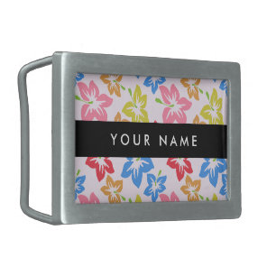 Colorful Hibiscus, Pattern Of Flowers, Your Name Belt Buckle