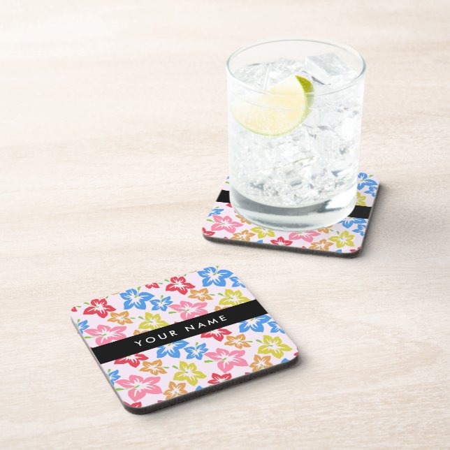 Colorful Hibiscus, Pattern Of Flowers, Your Name Beverage Coaster (Right Side)