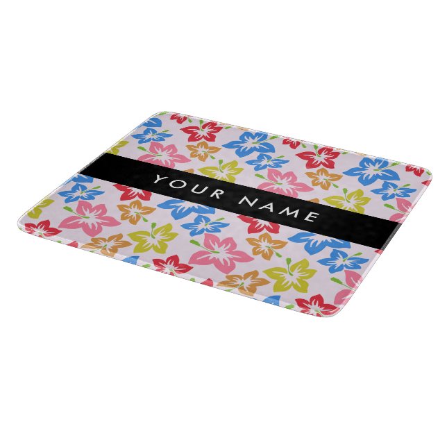 Colorful Hibiscus, Pattern Of Flowers, Your Name Cutting Board (Corner)