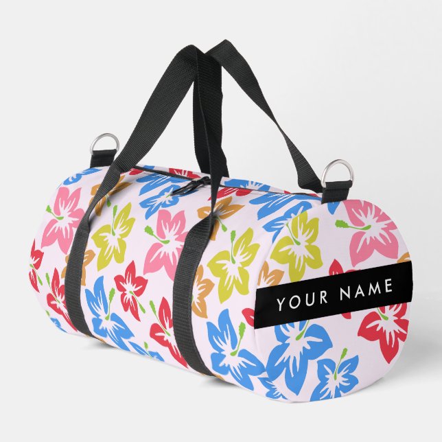 Colorful Hibiscus, Pattern Of Flowers, Your Name Duffle Bag (Left Corner)