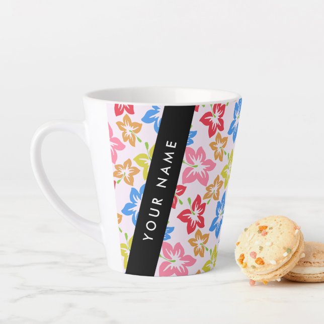 Colorful Hibiscus, Pattern Of Flowers, Your Name Latte Mug (In Situ)
