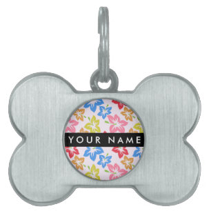 Colorful Hibiscus, Pattern Of Flowers, Your Name Pet ID Tag