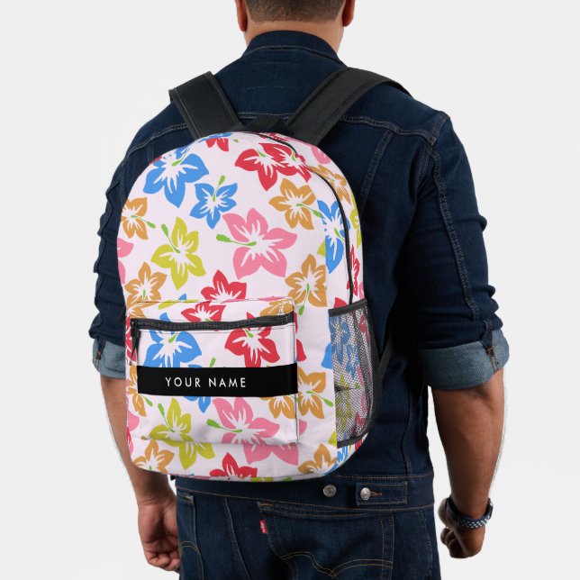 Colorful Hibiscus, Pattern Of Flowers, Your Name Printed Backpack (Insitu (Model))