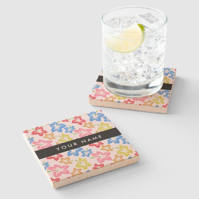 Colorful Hibiscus, Pattern Of Flowers, Your Name Stone Coaster (Side)