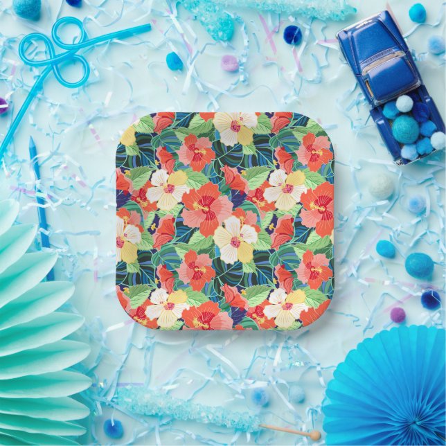Colorful Hibiscus Pattern Paper Plates (Party)