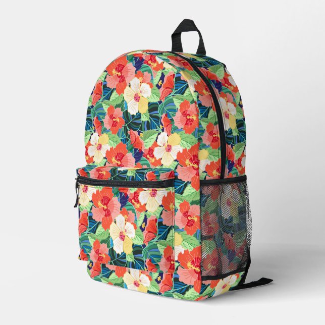 Colorful Hibiscus Pattern Printed Backpack (Back Corner Right)