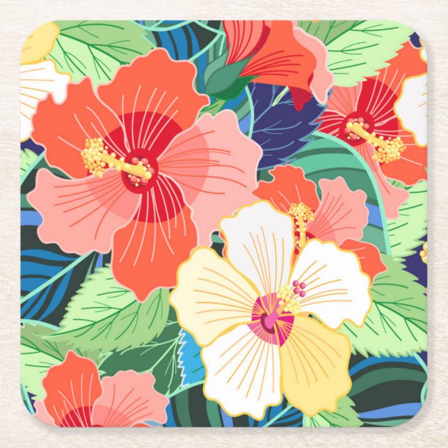 Colorful Hibiscus Pattern Square Paper Coaster (Front)