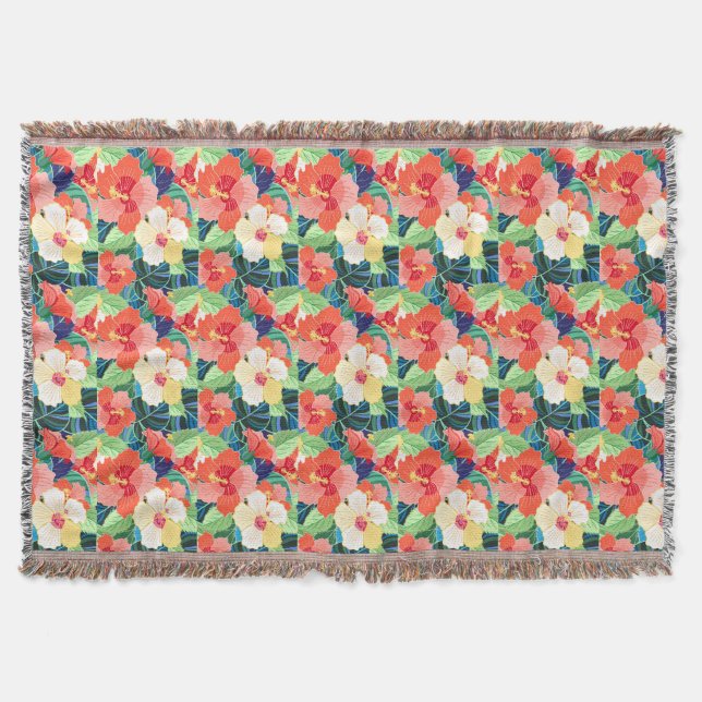 Colorful Hibiscus Pattern Throw Blanket (Front)
