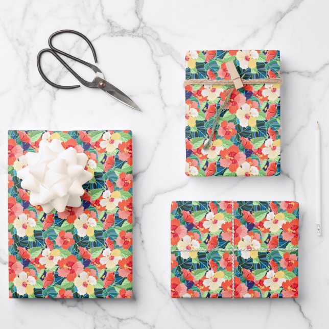 Colorful Hibiscus Pattern Wrapping Paper Sheets (Front)