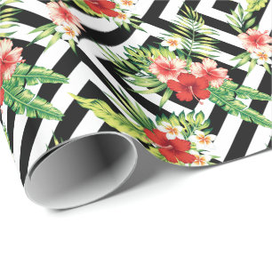 Colorful Hibiscus With Black Geometric Background Wrapping Paper