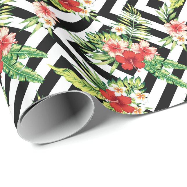 Colorful Hibiscus With Black Geometric Background Wrapping Paper (Roll Corner)