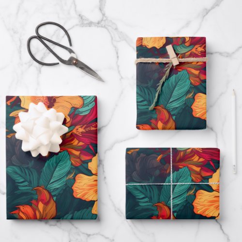 Colorful Hibiscus Yellow Orange Floral set of 3 Wrapping Paper Sheets