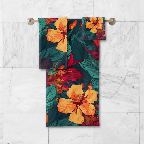Colorful Hibiscus Yellow Orange Green Floral Bath Towel Set