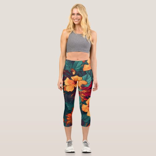 Colorful Hibiscus Yellow Orange Green Floral Capri Leggings