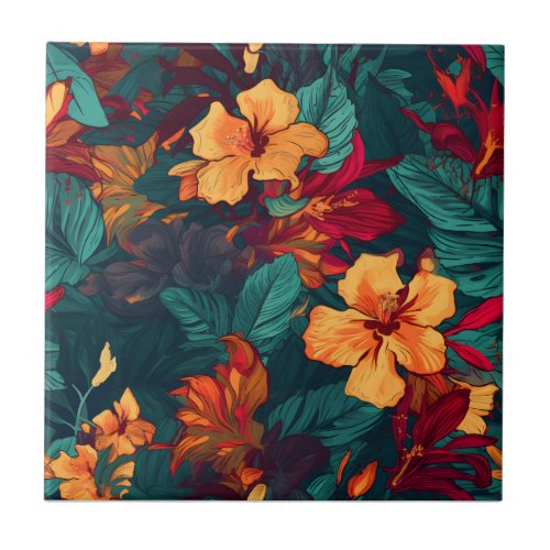 Colorful Hibiscus Yellow Orange Green Floral Ceramic Tile