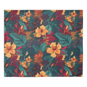 Colorful Hibiscus, Yellow Orange Green Floral Duvet Cover