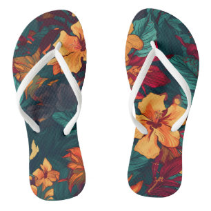 Colorful Hibiscus, Yellow Orange Green Floral Flip Flops