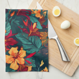 Colorful Hibiscus, Yellow Orange Green Floral Kitchen Towel