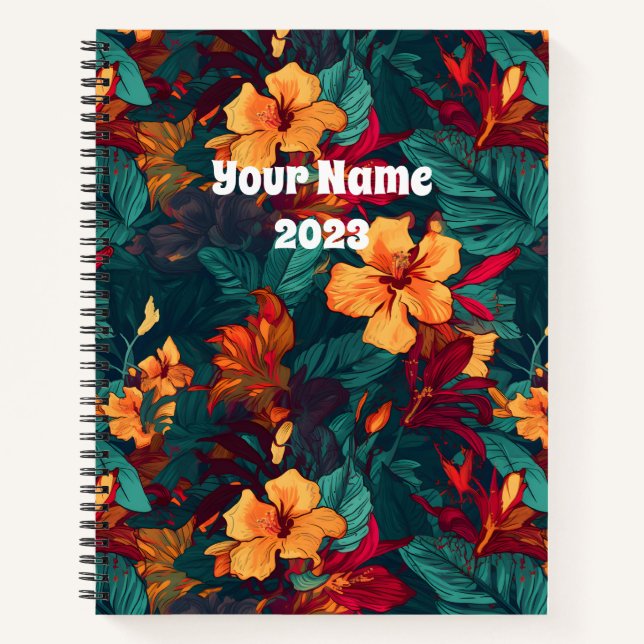 Colorful Hibiscus, Yellow Orange Green Floral Notebook (Front)