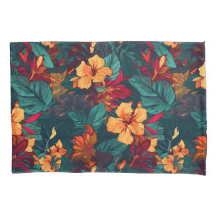 Colorful Hibiscus, Yellow Orange Green Floral Pillow Case