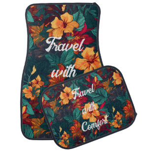 Colorful Hibiscus, Yellow Orange Green Floral, Set Car Floor Mat