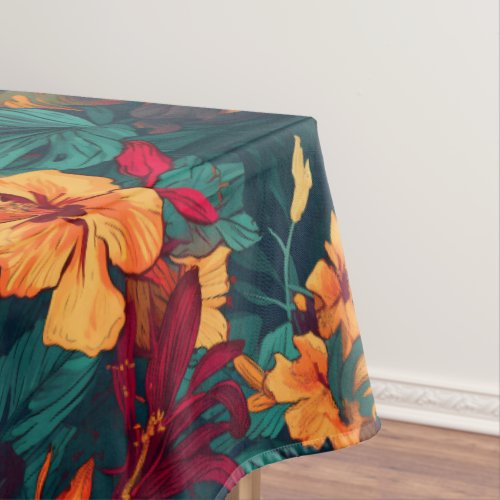 Colorful Hibiscus Yellow Orange Green Floral Tablecloth