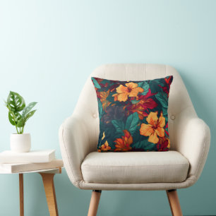 Colorful Hibiscus, Yellow Orange Green Floral Throw Pillow