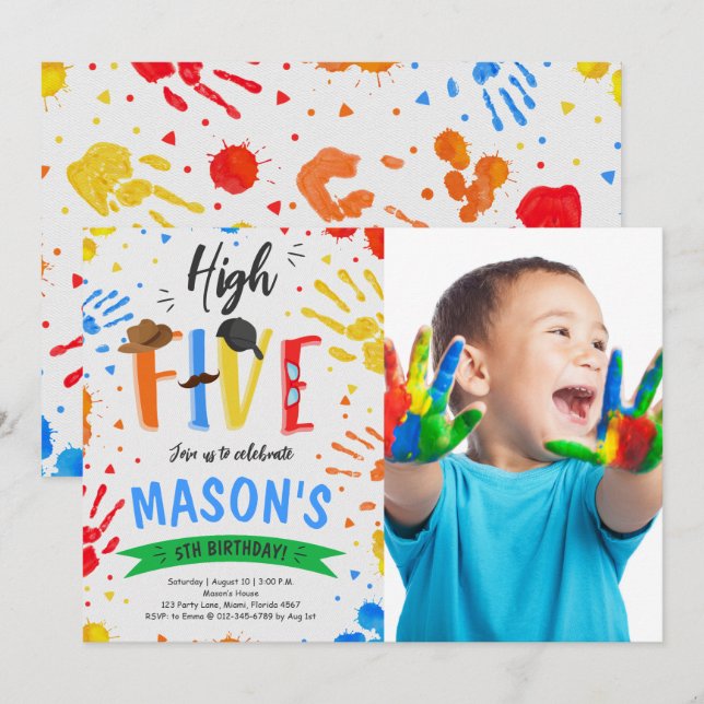 Colorful High Five Birthday Photo Invitation (Front/Back)