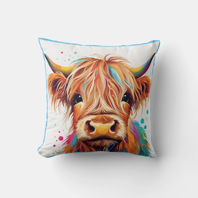 Colorful Highland Cow Calf Throw Pillow (Front)