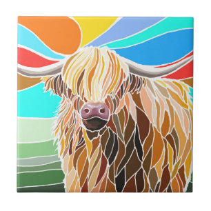 Colorful Highland Cow Ceramic Tile