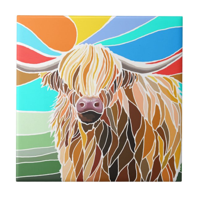 Colorful Highland Cow Ceramic Tile (Front)