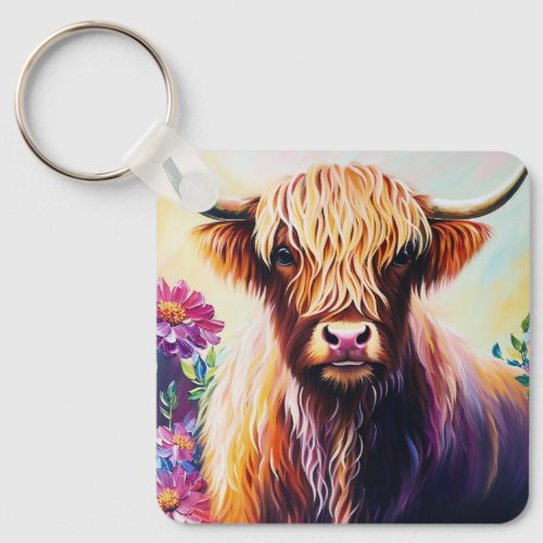 Colorful Highland Cow Floral Art Keychain