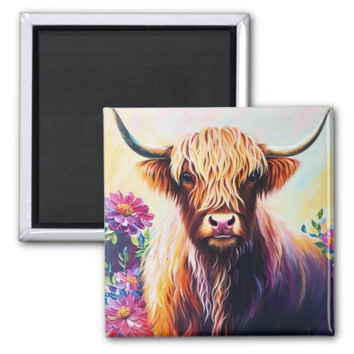 Colorful Highland Cow Floral Art Magnet