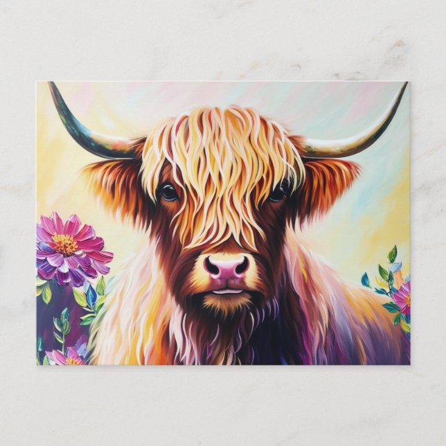 Colorful Highland Cow Floral Art Postcard (Front)