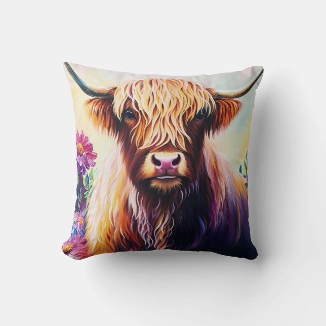 Colorful Highland Cow Floral Art Throw Pillow (Front)