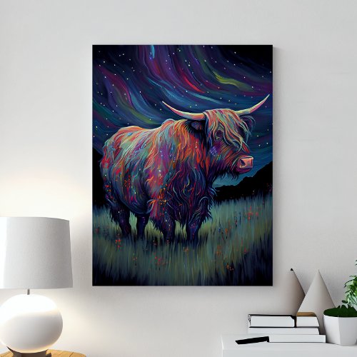 Colorful Highland Cow In The Grass At Night Canvas Print