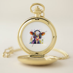 Colorful Highland Cow Pocket Watch