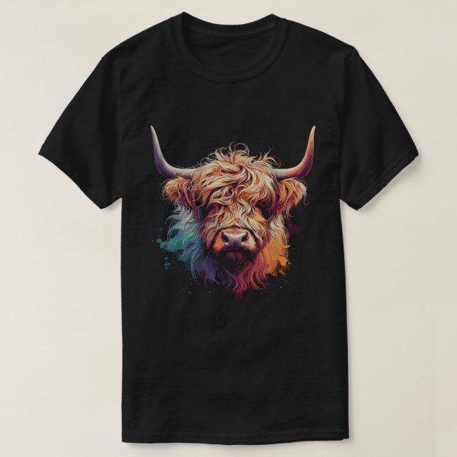 Colorful Highland Cow Watercolor Art Natural T-Shirt (Design Front)