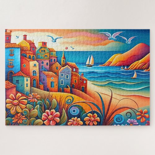Colorful Hillside Houses Ocean Seagulls Boats Jigsaw Puzzle
